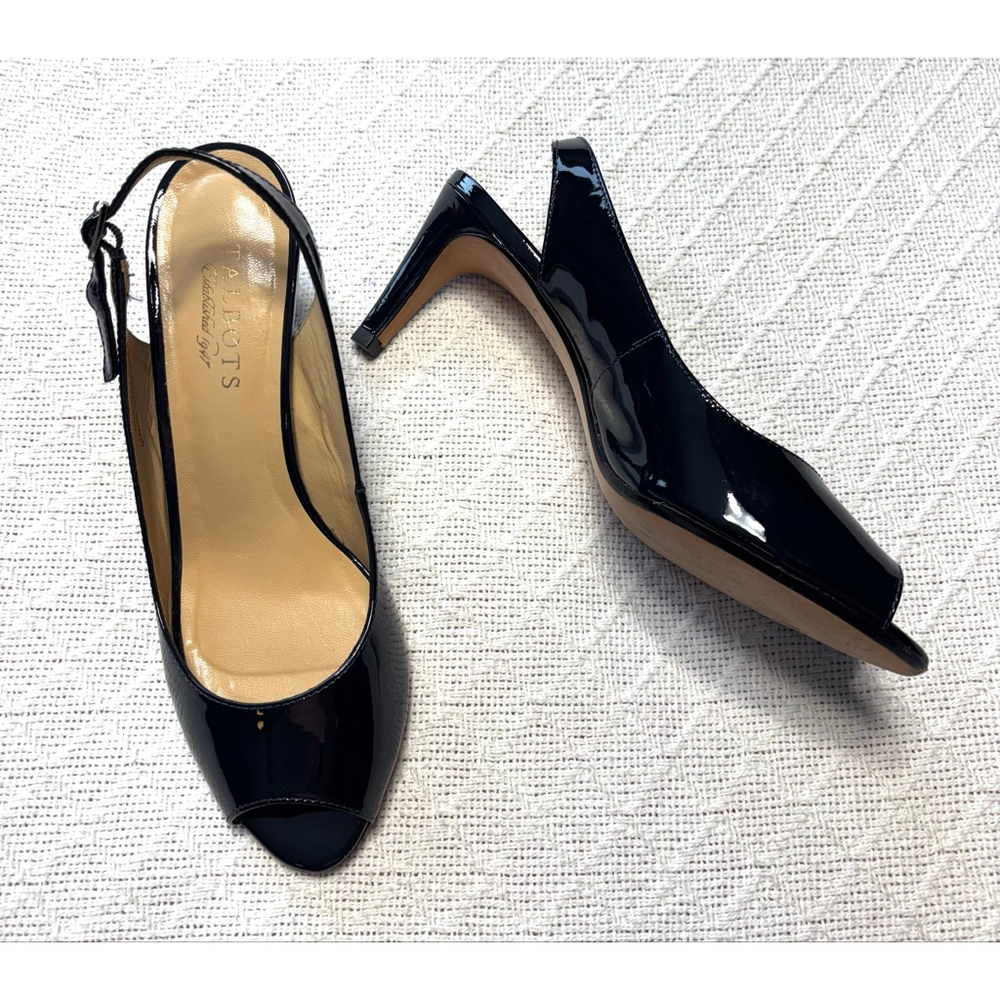 EUC Talbots Timeless Black Patent Leather Peep Toe Sling-Back Heels Size 8